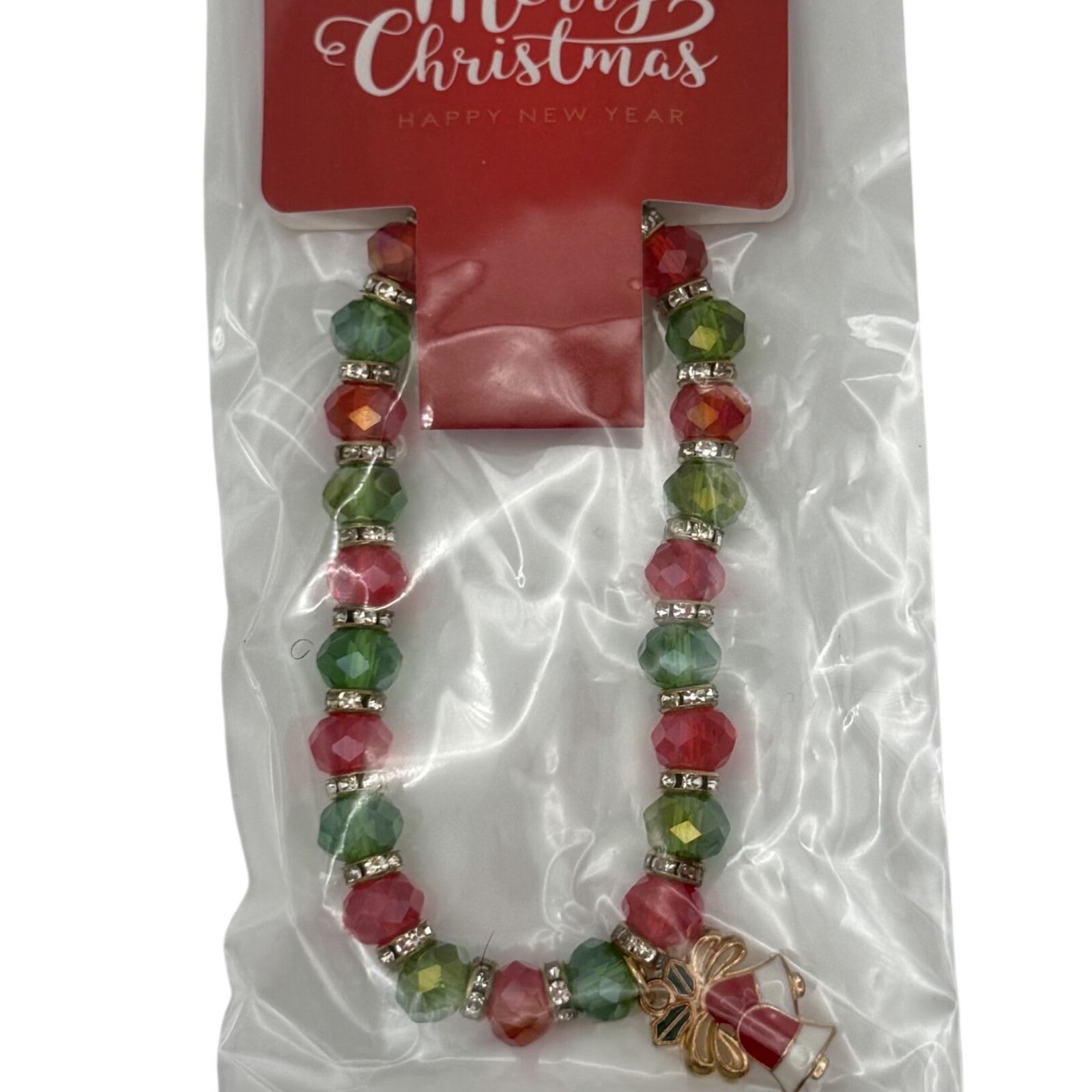 Christmas Beaded Bracelet Red Green Rhinestone Charm Merry Happy New Year
